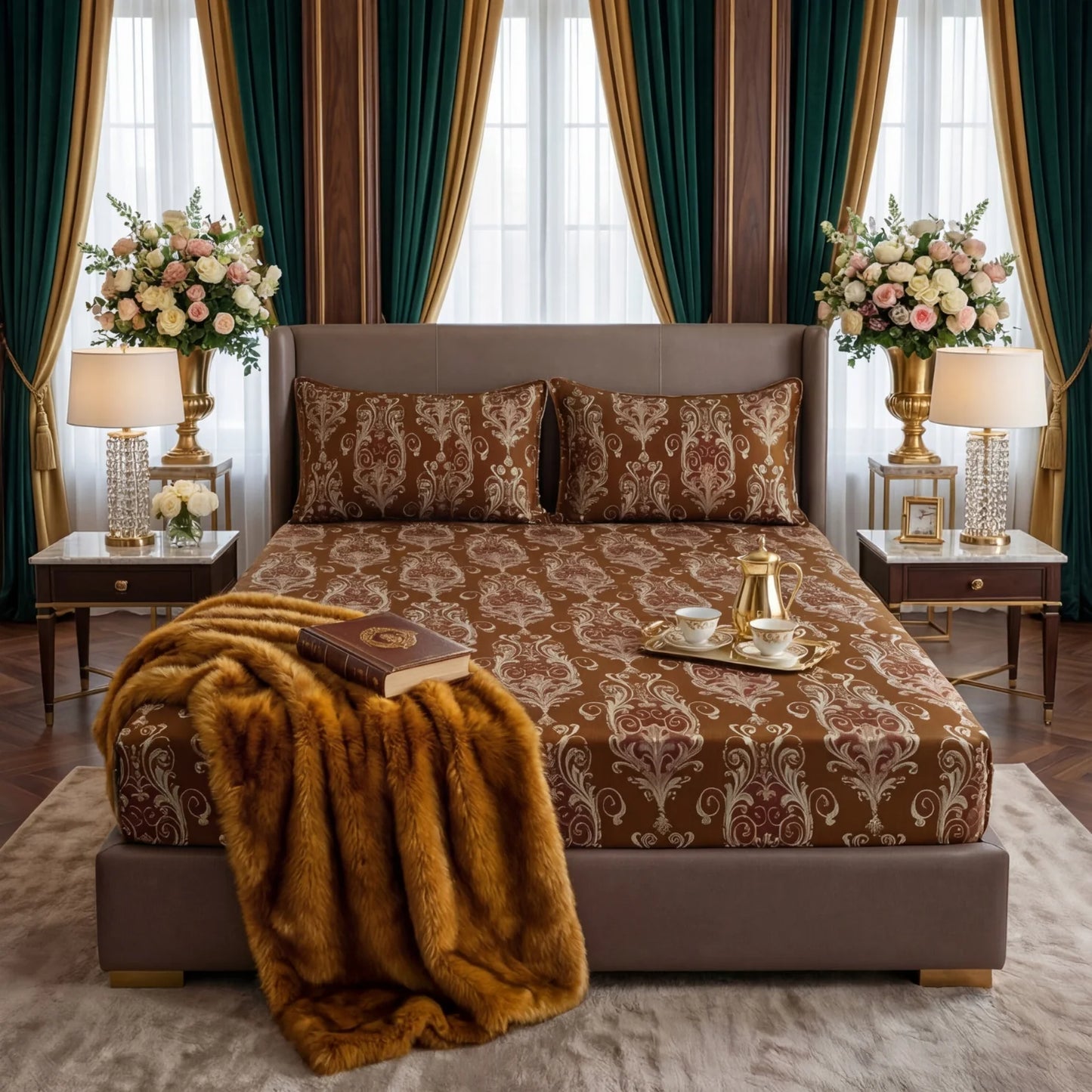 FLOWER/BROWN VELVET fitted bedsheet - (premium)