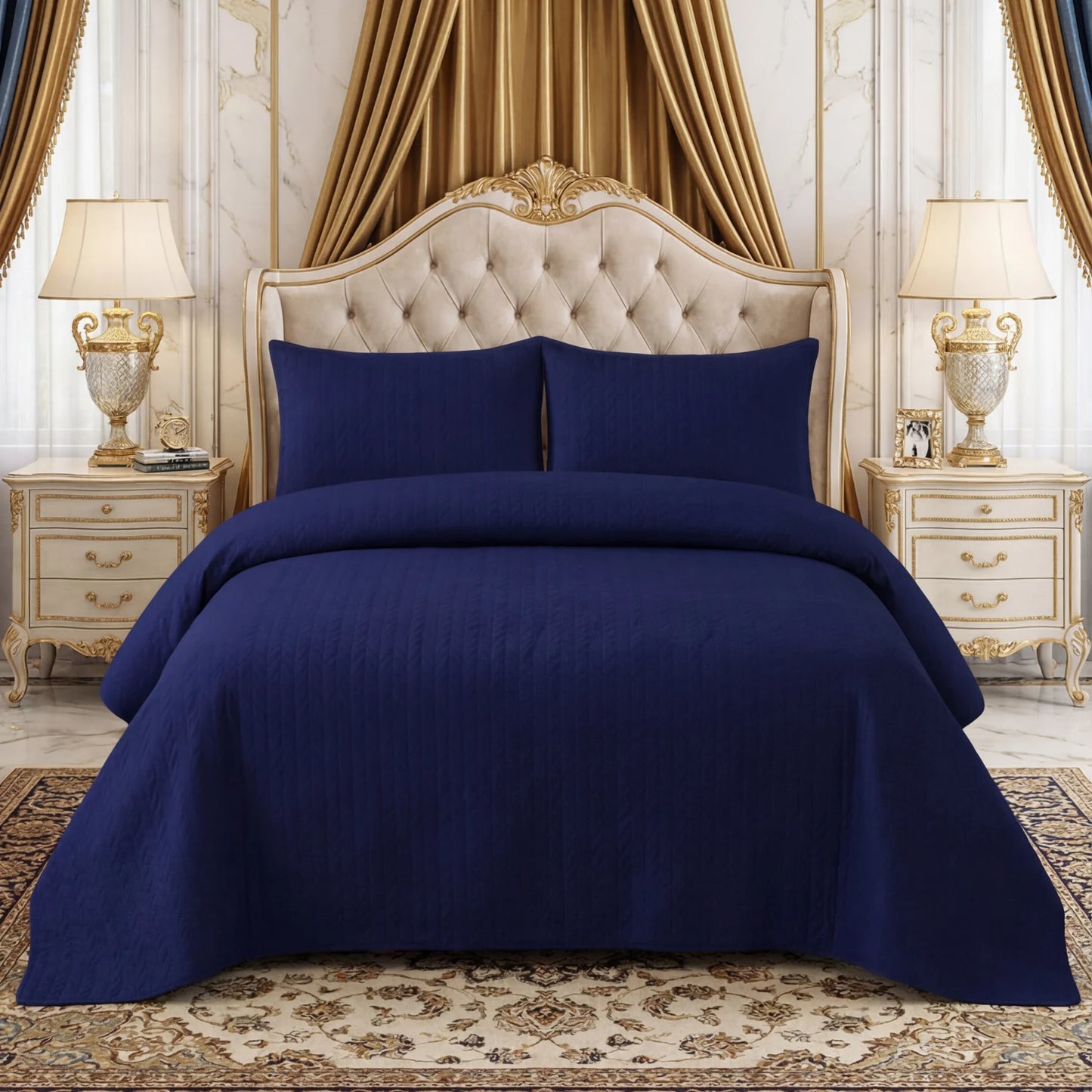 YALE BLUE BEDSPREAD SET - 3 PCS (PREMIUM)