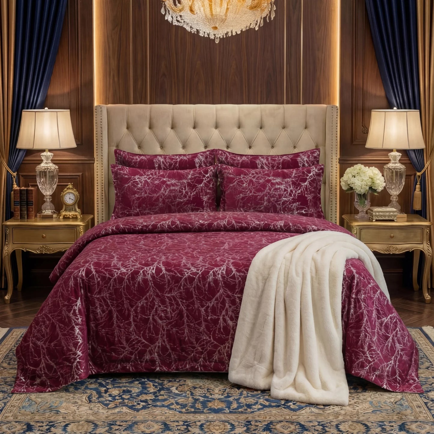 TREE/MAROON VELVET BEDSHEET SET - 5 PCS