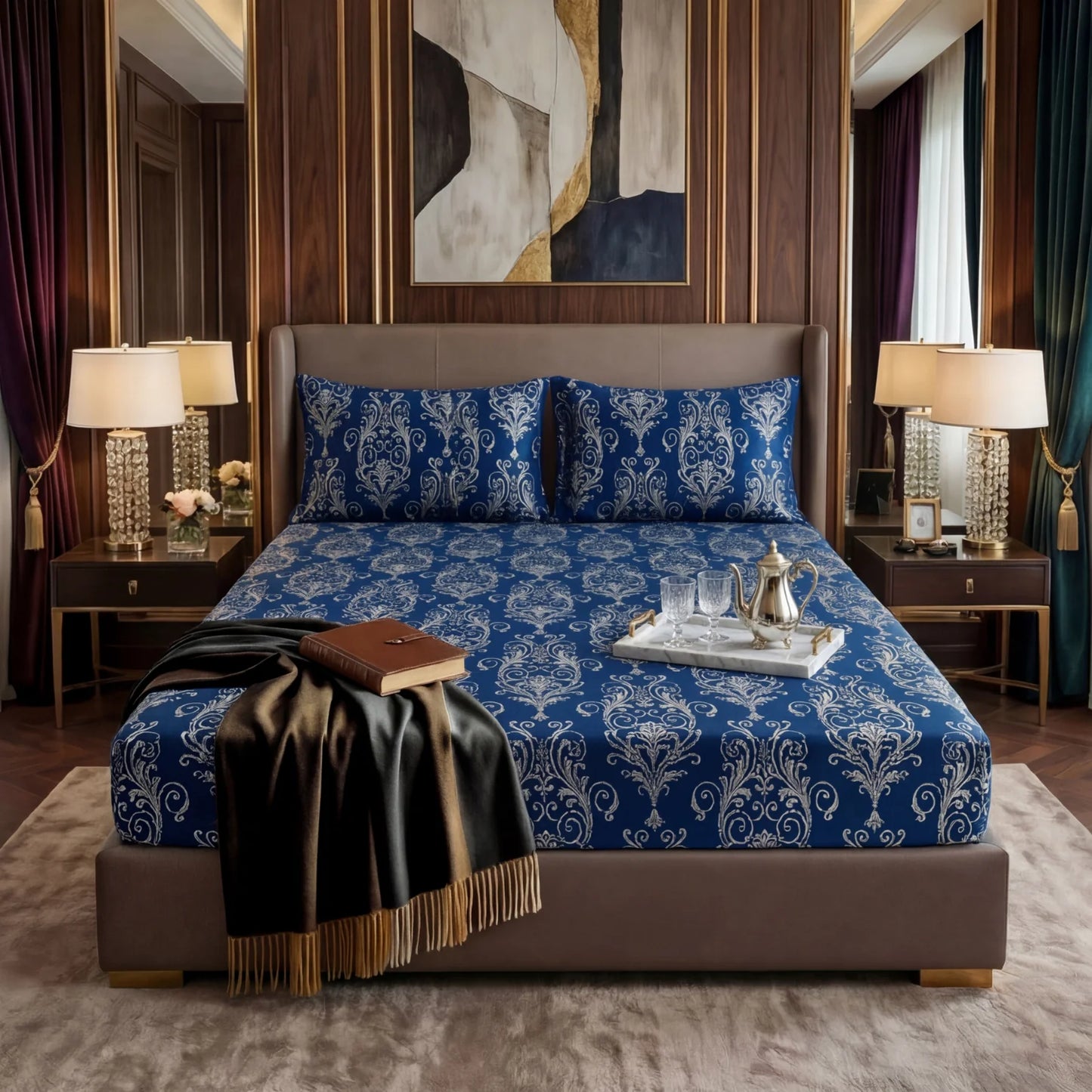 FLOWER/BLUE VELVET fitted bedsheet - (premium)