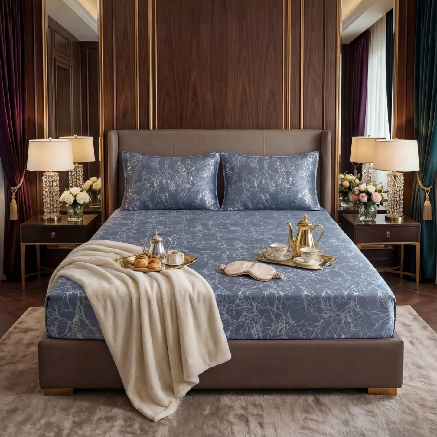 TREE/GREY VELVET fitted bedsheet - (premium)