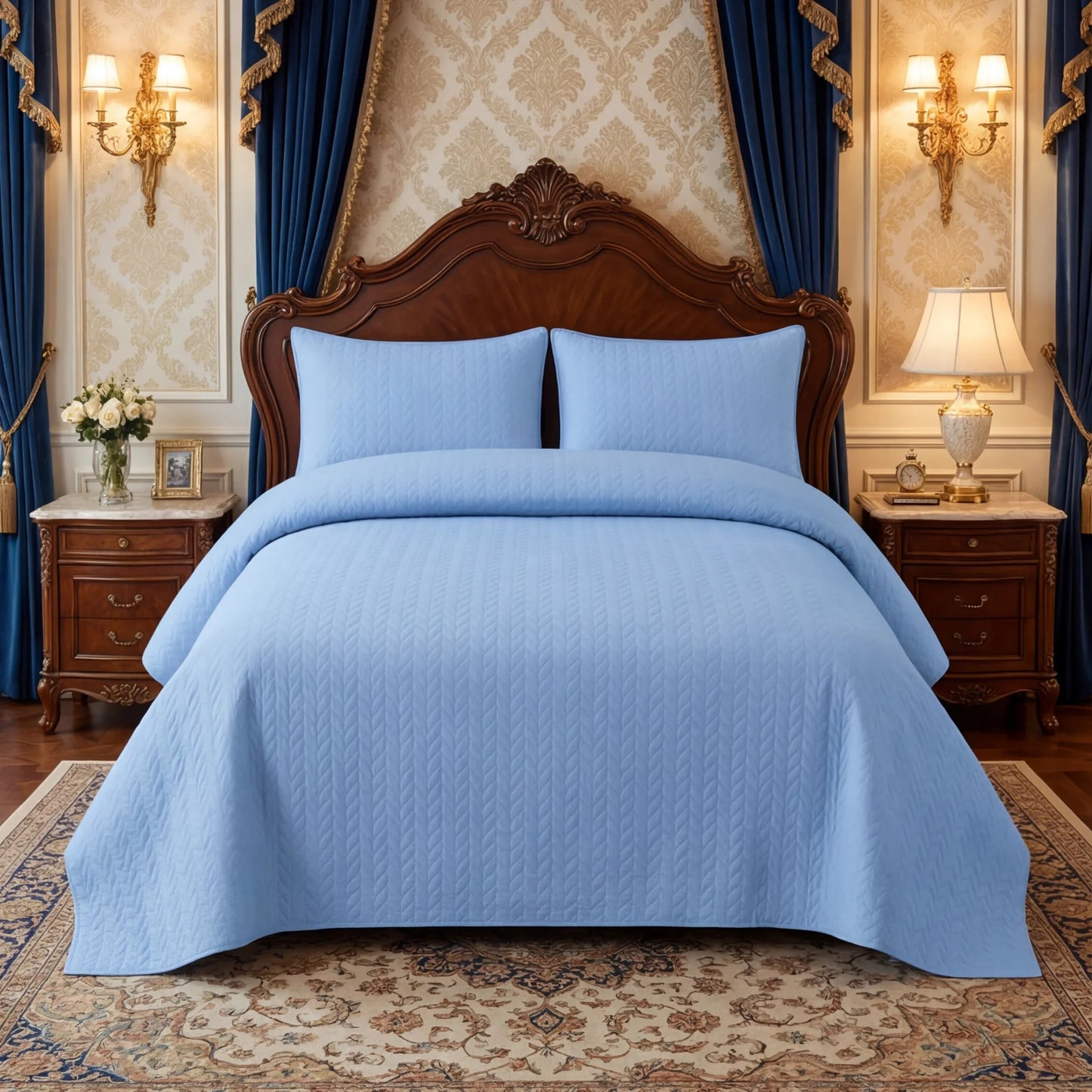SKY BLUE BEDSPREAD SET - 3 PCS (PREMIUM)