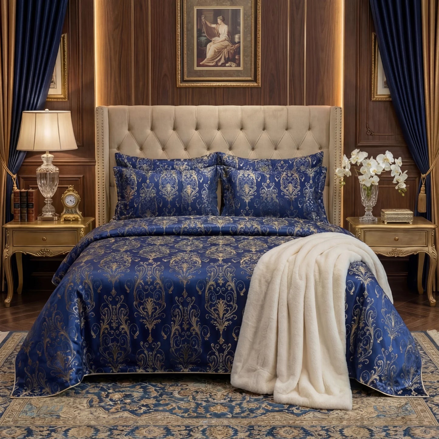 FLOWER/BLUE VELVET BEDSHEET SET - 5 PCS