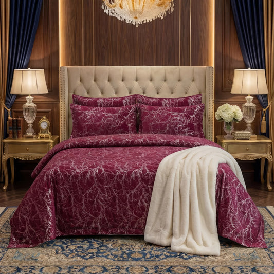 TREE/MAROON VELVET BEDSHEET SET - 5 PCS